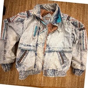 Vintage 80s Acid Wash Denim Teal Trim Geometric Print Retro Bomber Women's L